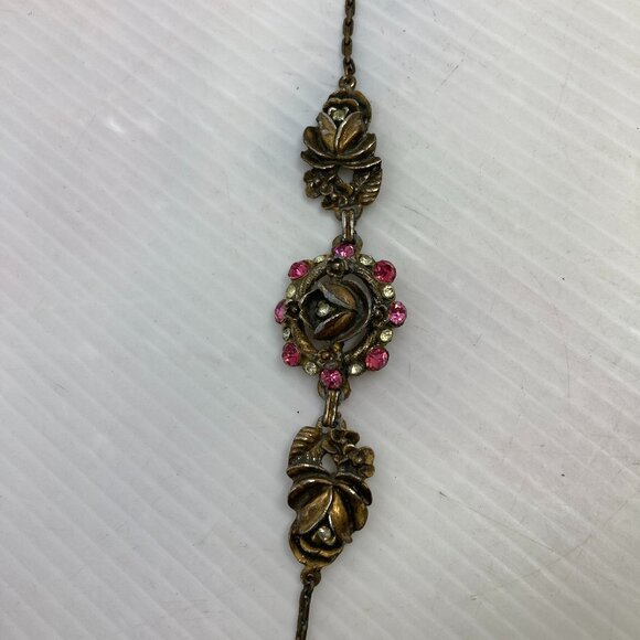 Vtg '50 TRIFARI ? pewter gold tone flower rhinestone bracelet - Picture 1 of 5